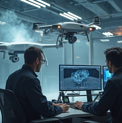 Office with workers on computer and drones overhead